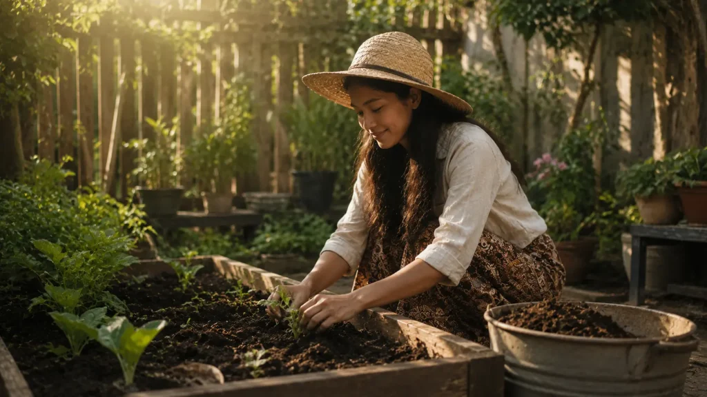 reflective woman touching soil in garden symbolizing inner peace and acceptance