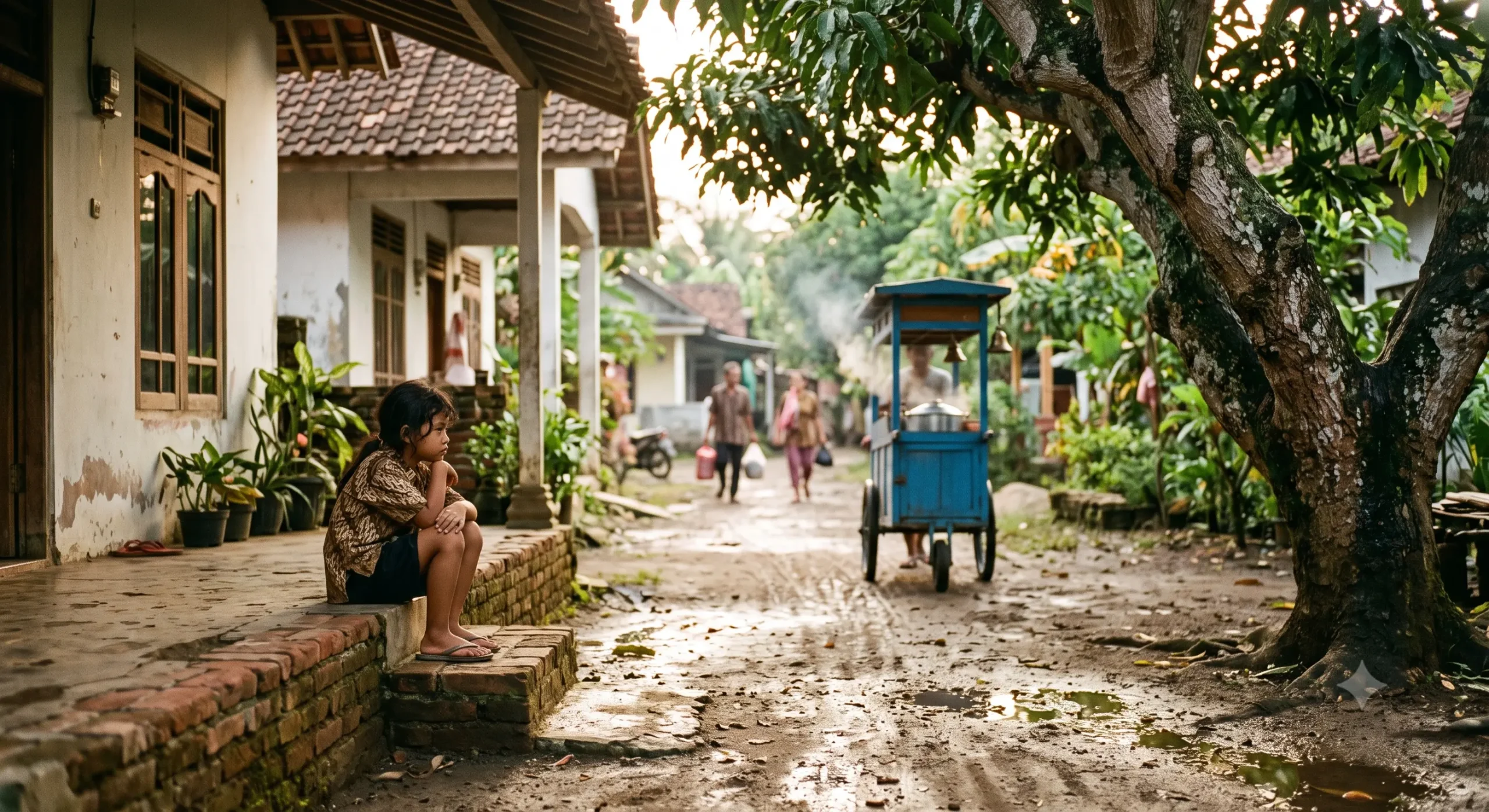 surat untuk diri kecil-Sore hari di teras rumah sederhana Indonesia dengan pohon mangga besar, anak sedang duduk diam dan mendengarkan suara-suara kecil di sekitarnya.